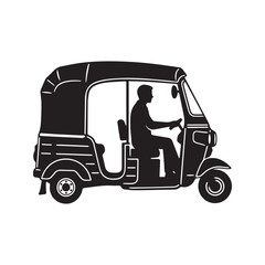 Auto Rickshaw Silhouette Vector Illustration with Driver. Side View of Traditional Asian Tuk Tuk Taxi Transport.
