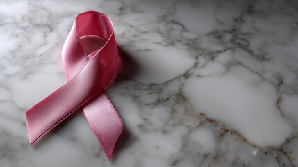 Pink ribbon on marble surface representing awareness, support, and hope for breast cancer survivors and awareness campaigns against breast cancer
