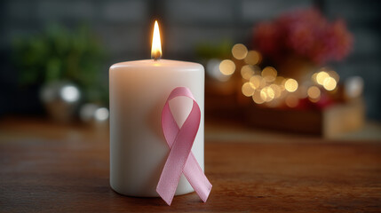 Elegant white candle with a soft glow and pink ribbon, symbolizing hope and support in awareness and healing for health causes and initiatives