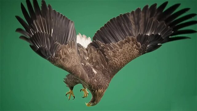 A majestic eagle with wings spread wide, captured in a dynamic landing pose against a solid green screen for easy background compositing