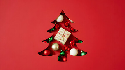 Christmas tree cutout with ornaments and a wrapped gift on a vibrant red background top down view