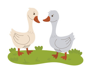 Vector illustration of two goose standing on a patch of grass. The goose are facing each other, showcasing a simple and charming design suitable for children s themes.