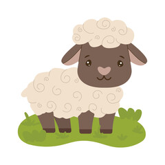 Adorable vector illustration of a cartoon sheep standing on green grass. The sheep has a curly woolly coat and a friendly expression, capturing a cheerful and playful mood.