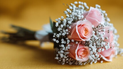 A charming bouquet features soft pink roses beautifully arranged with tiny white baby's breath against a golden backdrop. Perfect for celebrations or heartfelt moments, it radiates warmth