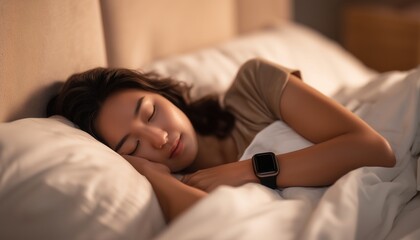 Young Asian woman sleeping peacefully in bed wearing smartwatch, Sleep tracking and health wellness concept.