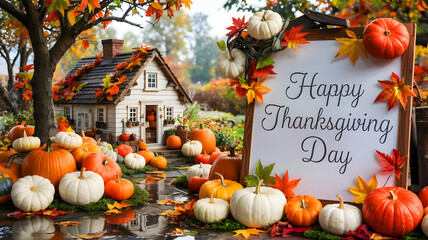 A miniature house and pumpkins with a happy thanksgiving day sign in an autumn setting outdoors