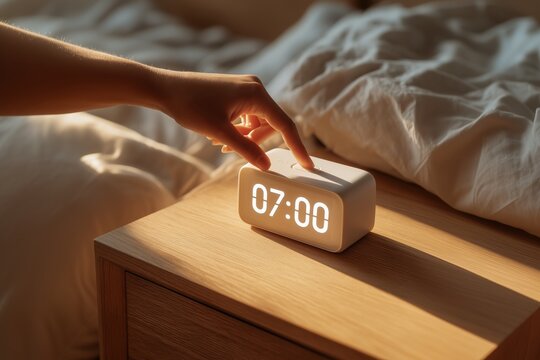 Person hand turning off digital alarm clock at 7 AM on bedside table in warm morning sunlight, Daily wake up routine concept.