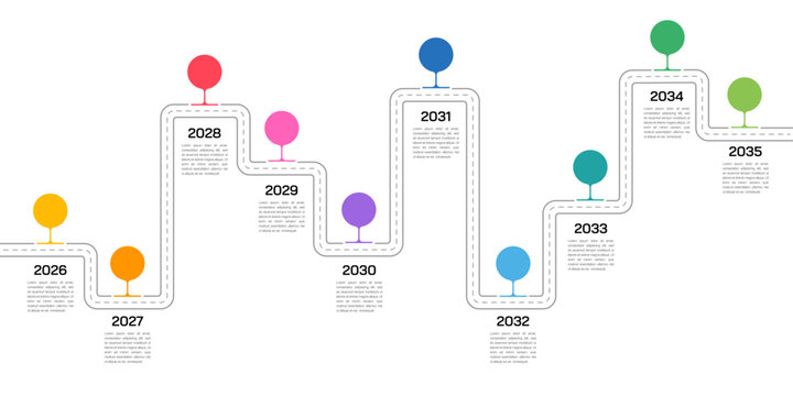 Creative Business Roadmap Presentation Template. 10 Steps Journey Infographic. Vector illustration.