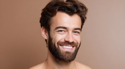 Fototapeta premium A confident young man with curly hair and a beard smiles brightly with joy in a studio setting. The warm brown background enhances his charming features and relaxed vibe