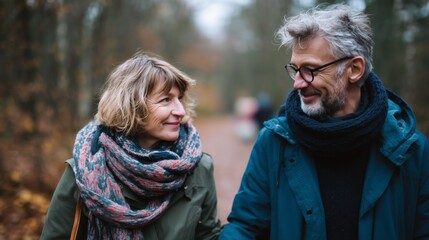 Middle-aged couple walking happily in a fall forest, wearing warm coats and scarves, enjoying nature and each other's company.