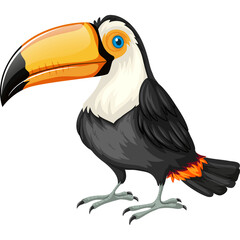 Fototapeta premium Pixel Art Toucan Bird With Large Orange Beak And Blue Eye Stands On Two Legs Isolated On White Background