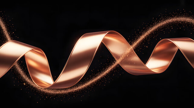 Shiny copper ribbon twisting with golden glitter particles on black background