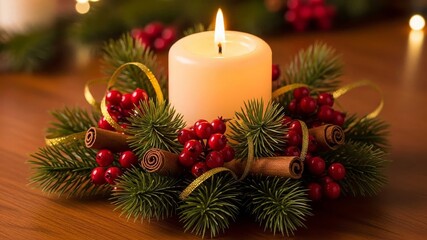Festive Candle Centerpiece with Berries and Greenery.