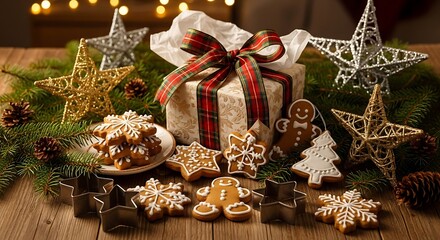 Christmas holiday gift box with gingerbread cookies and decor