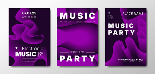 Three abstract music posters in dark purple colors.
