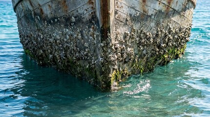 Barnacle-covered boat hull partially submerged in calm turquoise water, highlighting textured marine growth and creating a striking contrast for detailed ocean-themed visuals
