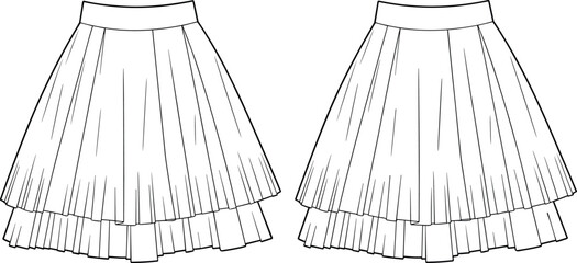 cad drawing flat vector illustration, layered skirt sketch, flared silhouette, waistband design, pleated texture, fashion template, garment construction