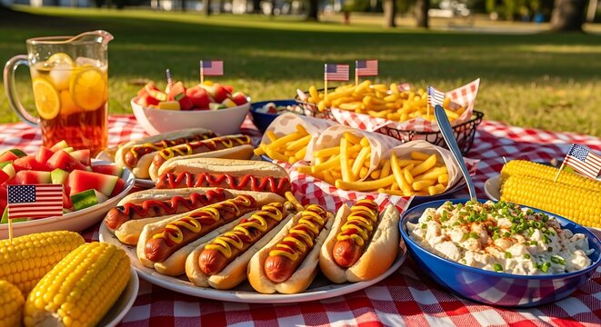 Classic american summer picnic with hot dogs, fries, and corn