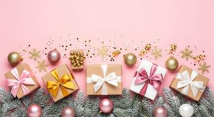 Christmas gift boxes, ornaments, frosted fir on pink background