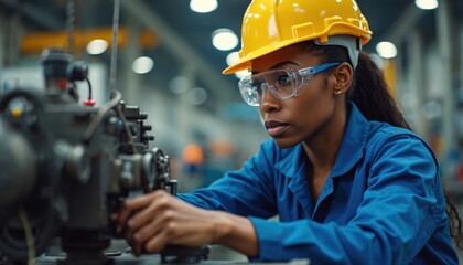 African American female engineer works at factory. Woman wearing safety glasses and yellow hard hat. She inspects and repairs industrial machinery. Production line employee in manufacturing industry.