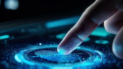 Finger pressing digital fingerprint scanner for biometric security access and identity verification - Powered by Adobe