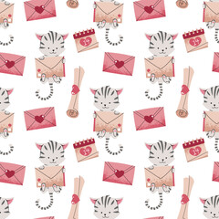 Cute Cat with Love Letter and Hearts Seamless Pattern. Flat Design Valentine's Repeat Background for Gift Wrap, Textile, Wallpaper and Romantic Design