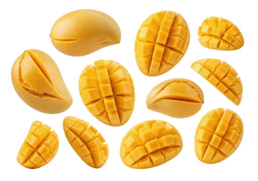 Fresh, ripe, juicy golden-yellow mango pieces, meticulously cut, fibrous texture, glistening, dynamically suspended against a seamless transparent background, concept of healthy tropical fruit