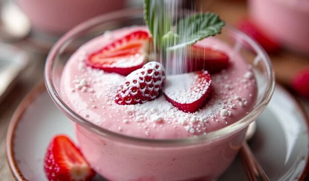 Close up of strawberry mousse in a glass bowl with mint garnish and sliced fruit 4k  video