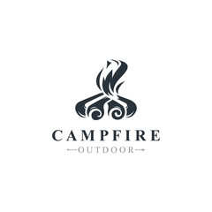 Campfire logo Vintage adventure Wildlife design camping wood fire illustration template