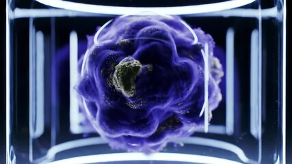 Abstract purple virus cell with gold elements inside container with light tubes. - Powered by Adobe