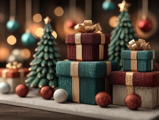 Cozy Christmas 3D Scene with Teal Wall, Christmas Trees, Gift Boxes and Decorative Balls