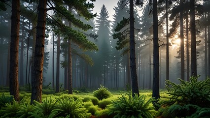Misty morning sunlight filters through the green forest trees along a winding path