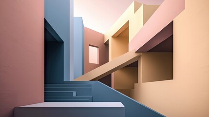 An abstract architectural composition with stairs, geometric shapes, and pastel colors. The image evokes a sense of modern design and minimalist aesthetics.