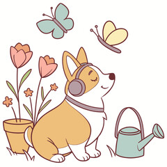 Whimsical Corgi feeling Gentle in a Spring garden setting with wearing headphones – colored in Spring Garden