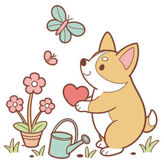 Spring Garden colored Corgi with a Mischievous touch, placed in a Spring garden theme and styled with holding a heart