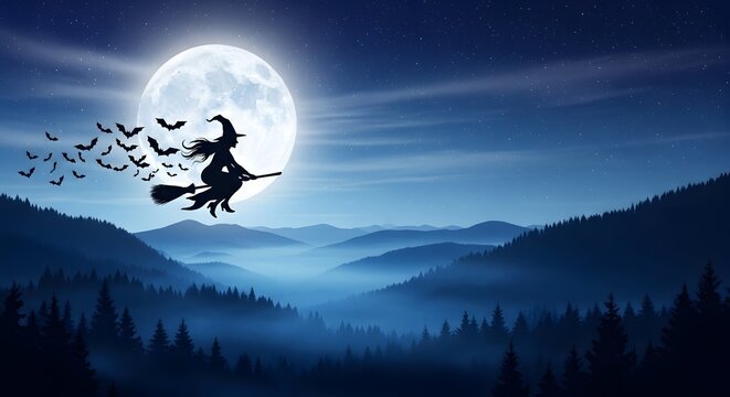 Silhouette of a witch flying on a broomstick with bats against a full moon in a dark, mystical landscape.