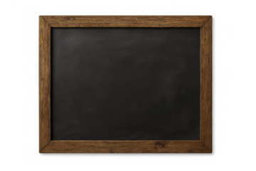 Empty chalkboard with rustic wooden frame, clean surface for text or drawings, isolated on a transparent background