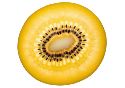 Perfectly cut fresh golden kiwi slice, vibrant golden-yellow pulp, white core, radial black seeds, macro shot on transparent background. Concept of healthy freshness