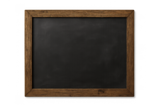 Empty chalkboard with rustic wooden frame, clean surface for text or drawings, isolated on a transparent background - Powered by Adobe