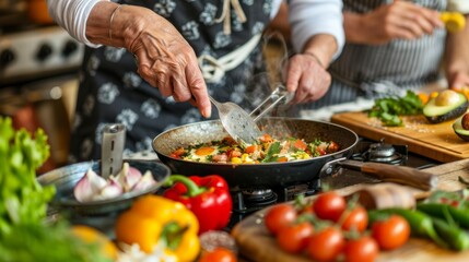 Elderly couple enjoying breakfast preparations together in a bright, modern kitchen setting