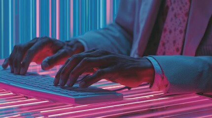 Business professional working on a luminous keyboard in a stylish neon lit office cyber inspired atmosphere ideal for remote work concepts startup branding digital services fintech