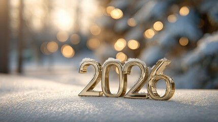 Golden 2026 on Snow with Warm Bokeh – New Year Winter Banner 