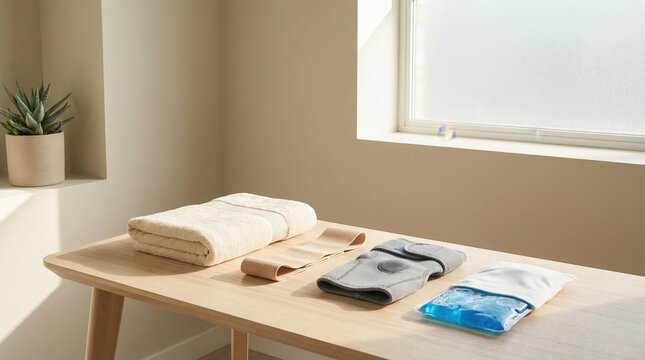 Set of physical therapy equipment including knee brace, cold gel pack and resistance band on table in sunlight, Rehabilitation and injury recovery concept.