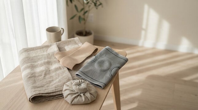 Physical therapy equipment including knee brace, resistance band and herbal compress on wooden table in warm sunlight, Home rehabilitation and wellness concept.