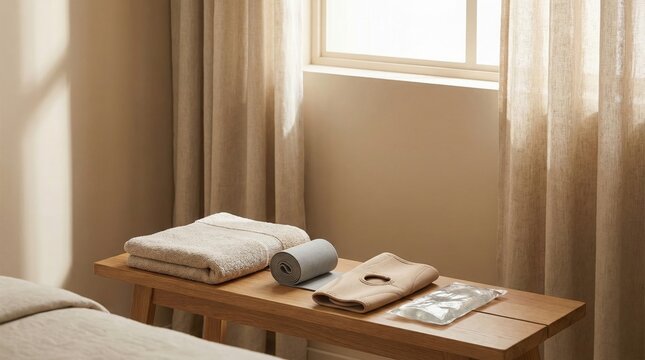 Set of physical therapy equipment including knee brace and ice pack on wooden bench near window with curtains, Home rehabilitation and injury recovery concept.