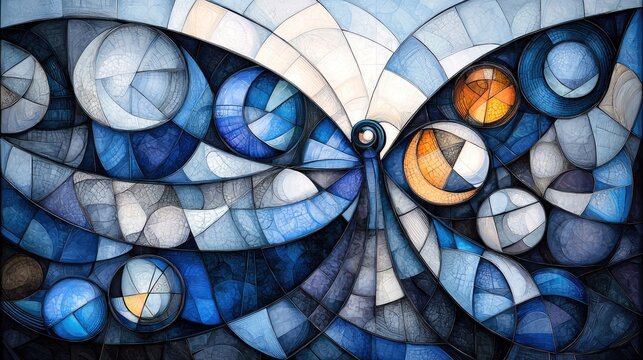 An abstract illustration of a butterfly design in various shades of blue and white, resembling stained glass.