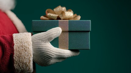 Santa Claus hand holding a beautifully wrapped green gift box with gold ribbon, evoking the spirit of Christmas giving.