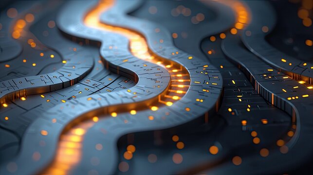 Close-up of an abstract circuit board with glowing orange lights, representing technology and innovation.