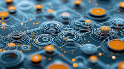 An abstract image of a circuit board with glowing orange elements and lines, creating a futuristic and technological background.