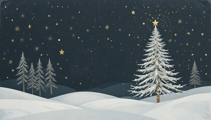 Dreamy winter night with snow-covered Christmas trees sparkling under starry sky